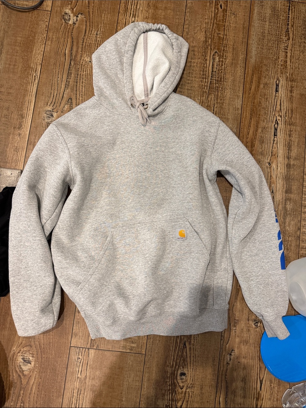 Carhartt Light Gray Hooded Pullover with Blue Sleeve Logo